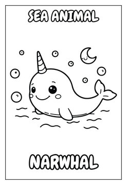 Ocean Animal Narwhal Coloring Page Kids Printable Activity Sheet Featuring Magical Unicorn Whale With Spiral Horn