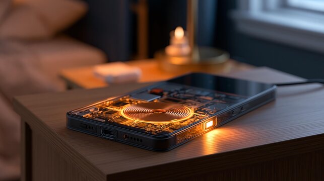 Glow of a transparent smartphone revealing intricate internal technology and charging coil