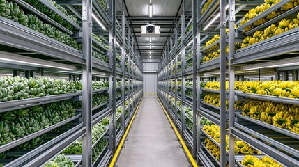 Fototapeta premium Aisle of ripening bananas in a modern cold storage warehouse
