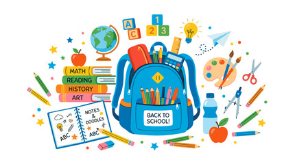 Naklejka premium Back to School Essentials: A vibrant illustration showcasing a blue backpack brimming with school supplies, surrounded by books, stationery, and educational tools.