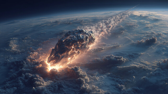 a massive asteroid impact on Earth, atmospheric entry of a celestial body, fiery trail and shockwave impacting dense cloud cover, conceptual image of planetary defense and space ev