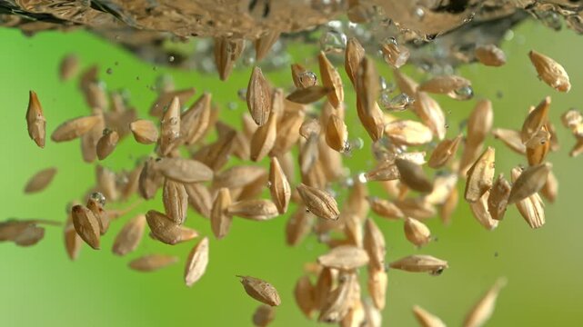 Super Slow Motion Shot of Barley Grains Falling into Water at 1000fps. Beer brewing concept.