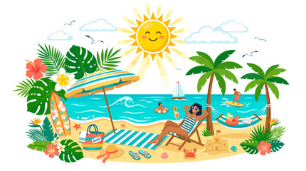 Obraz premium Summer Beach Paradise Illustration: A vibrant and cheerful illustration depicting a sunny beach scene with people relaxing in hammocks, swimming in the ocean.