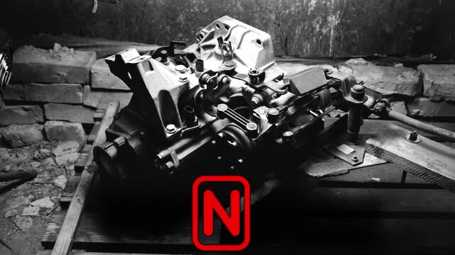 old gear shift box for a front-wheel drive car example of how to shift numbers and letters to understand how the mechanism works black and white video with red fonts