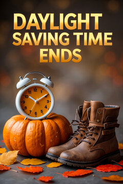 Banner poster card daylight saving time ends November autumn fall changeover clock AI Generative