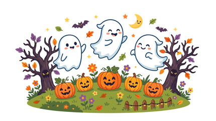 Naklejka premium Happy Halloween Gathering: Three cute, smiling ghosts float happily above a field of carved pumpkins and autumn leaves, with spooky trees and bats in the background, celebrating the festive season.