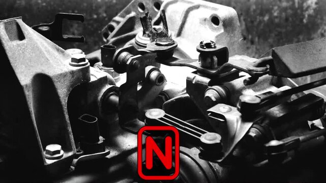 old gear shift box for a front-wheel drive car example of how to shift numbers and letters to understand how the mechanism works black and white video with red fonts