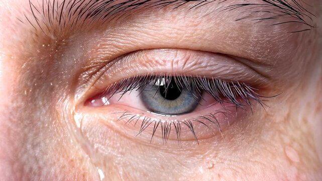 Tear falling from blue eye of person with textured skin. Extreme close-up of crying human eye with visible eyelashes and moisture. Handheld panning and tilting camera movement.