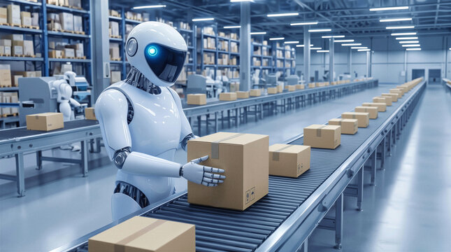 Artificial intelligence robot handling cardboard boxes on conveyor belt in modern fulfillment center. Automated sorting and packaging process in large distribution warehouse.