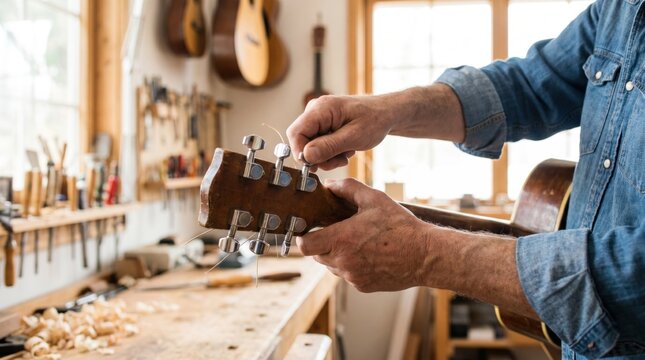 Luthier replacing strings and tuning the machine heads of an acoustic guitar in a workshop