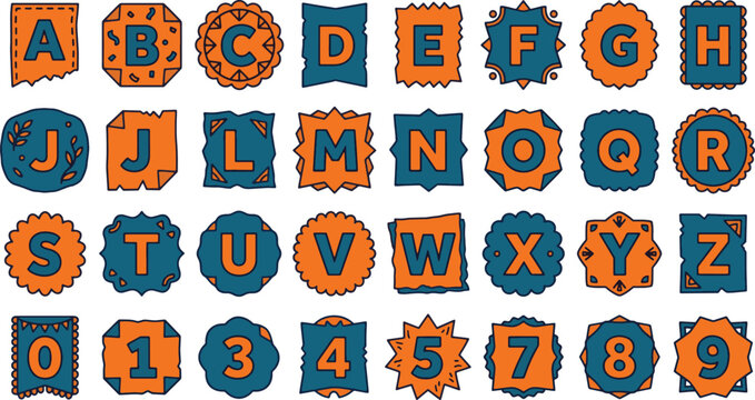 Set of decorative alphabet letters and numbers in vintage badge style