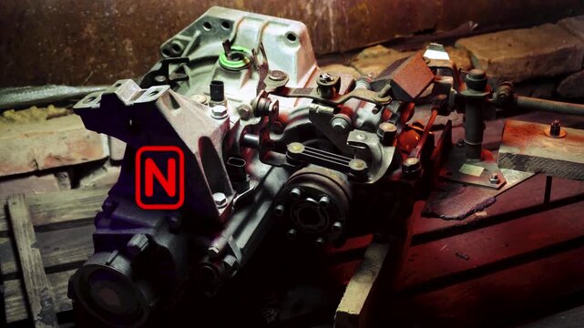 old gear shift box for a front-wheel drive car, example of how to shift numbers and letters to understand how the mechanism works