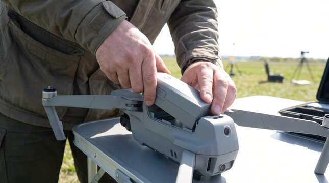 Drone operator inserting a rechargeable battery pack into a grey quadcopter drone outdoors