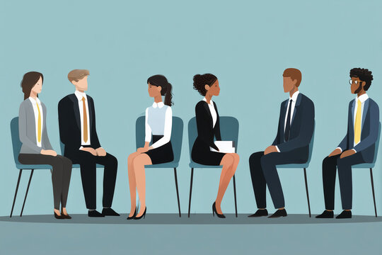 Interview panel of corporate employees interviewing a job candidate, formal environment, serious and professional atmosphere, 80% humans.
