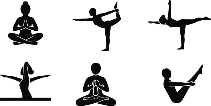 Black silhouettes of people doing various yoga poses