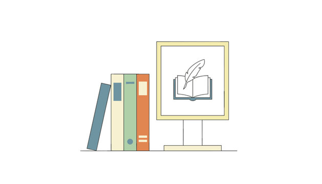 Stack of colorful books stands next to a sign featuring a book and feather icon, representing education, writing, literature, or academic study.