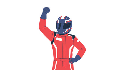 Naklejka premium Successful race car driver wearing a full red racing suit and helmet raising a fist in the air to celebrate a victory on the track.