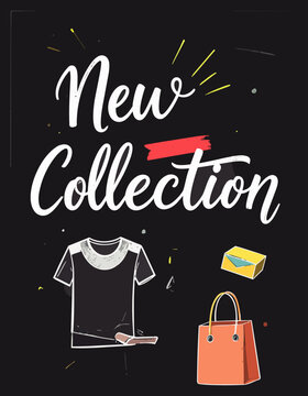  Cartel con la frase "New Collection" acompa&ntilde;ado de camiseta, bolsa de compras y caja de regalo.