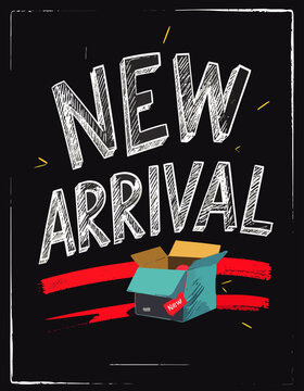 Cartel con la frase "New Arrival" y una caja abierta para presentar nuevos art&iacute;culos.