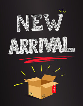 Cartel con la frase "New Arrival" acompa&ntilde;ado de una caja abierta para anunciar nuevos productos.
