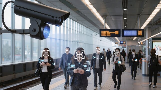 Modern surveillance camera monitoring commuters at train station. Facial recognition technology scanning passengers in public transportation hub.