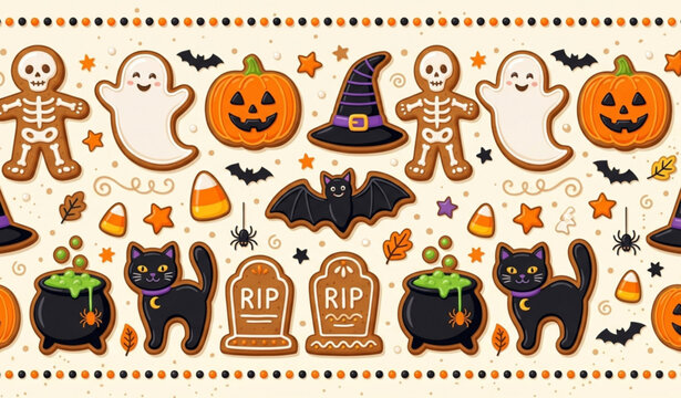 Halloween Seamless Border with Gingerbread Cookies &ndash; Festive Spooky Vector Pattern Illustration