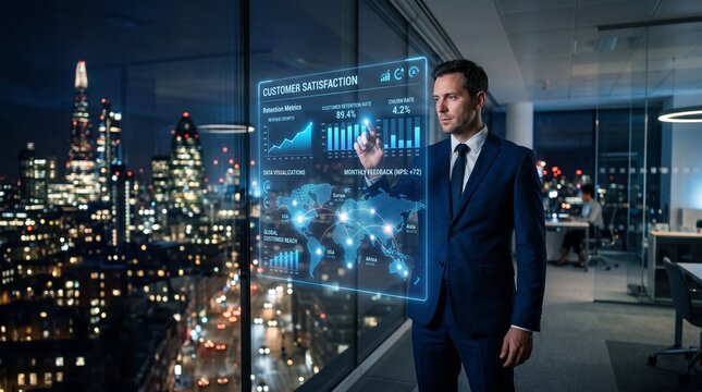 QA Manager Using Digital Screen with Customer Satisfaction and networking client feedback metrics data. Analyzing user sentiment trends, improving service delivery standards, Boosting retention