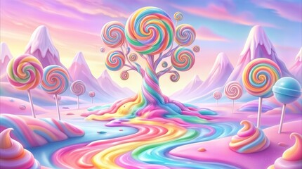 Naklejka premium Vibrant candy landscape featuring lollipop trees and rainbow frosting river. Surreal confectionery world with pastel mountains and sweet treats.