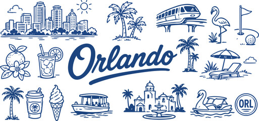 Orlando Florida Travel Icon Set with Skyline, Palm Trees, Monorail, Flamingo, Golf, Orange and Resort Symbols © Levin