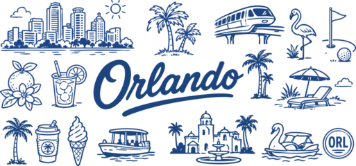 Orlando Florida Travel Icon Set with Skyline, Palm Trees, Monorail, Flamingo, Golf, Orange and Resort Symbols © Levin