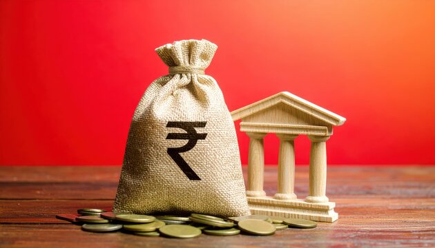 Money Bag with Indian Rupee Symbol and Bank Building, Financial Growth Concept