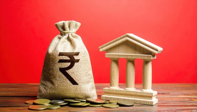 Indian Rupee Bag and Bank Building Financial Growth and Investment Concept