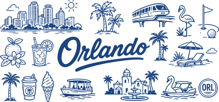 Orlando Florida Travel Icon Set with Skyline, Palm Trees, Monorail, Flamingo, Golf, Orange and Resort Symbols