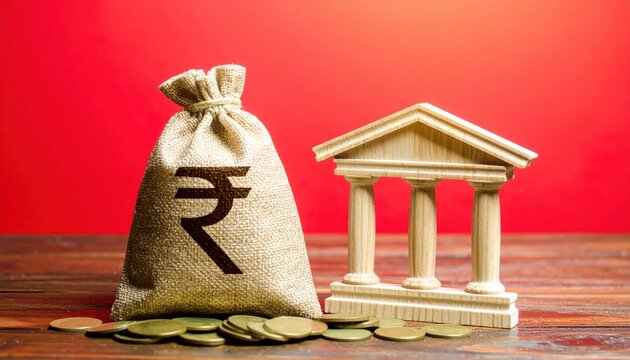 Indian Rupee Money Bag and Bank Building - Financial Growth and Investment Concept