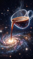 Fototapeta premium Cosmic coffee pouring from glass cup into spiral galaxy. Surreal space concept of energy and morning routine.