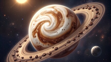 Fototapeta premium Celestial planet resembling latte art with coffee bean rings in deep space. Surreal cosmic beverage concept.