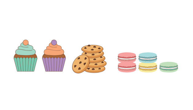 Collection of delicious sweet treats including cupcakes, chocolate chip cookies, and colorful macarons arranged on a plain background.