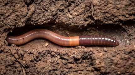Fototapeta premium Earthworm crawling through underground tunnel in dark brown soil. Close-up of invertebrate burrowing for composting and soil aeration.