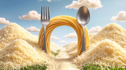 Fototapeta premium Surreal landscape made of food featuring hills of shredded cheese and a spaghetti archway. Creative culinary art concept with giant fork and spoon.