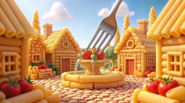 Pasta village with houses made of macaroni and penne. Surreal food art featuring cherry tomato fountain and giant fork.