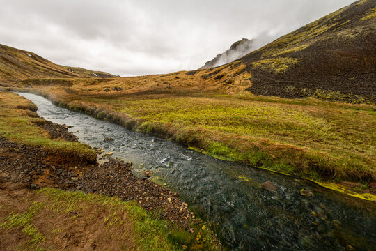 Steaming hot spring stream winding through a volcanic valley with vibrant green algae under an overcast sky in Reykjadalur Iceland
