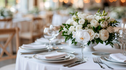 Fototapeta premium Decorated hall for a wedding ceremony with round tables, chairs, cutlery, and flowers, banquet and wedding reception concept, defocused, with copy space