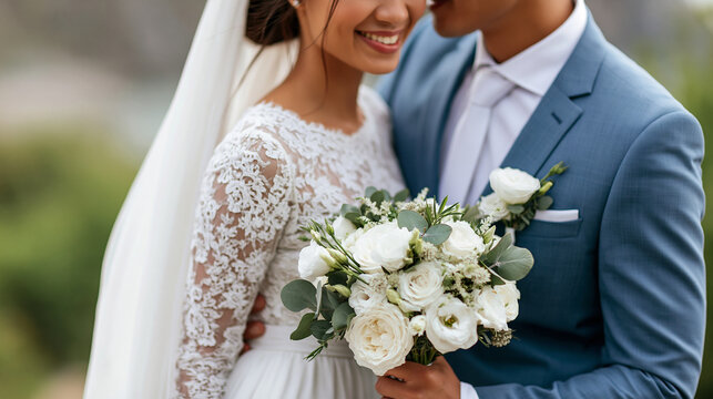 Anonymous happy Asian couple getting married in a beautiful outdoor ceremony, smiling bride and groom portrait concept, faceless, defocused, with copy space