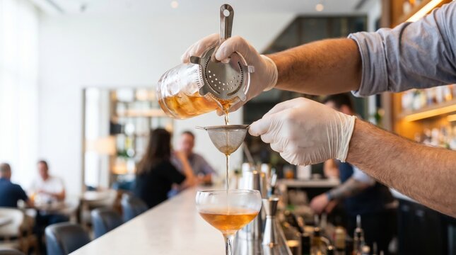 Bartender wearing gloves pouring a cocktail through a fine mesh strainer into a coupe glass