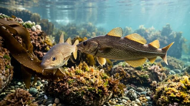 two codfish swimming underwater in north atlantic ocean close up video