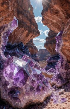 Vertical view of a massive purple amethyst geode crystal cave formation inside a deep desert canyon under a sunny sky