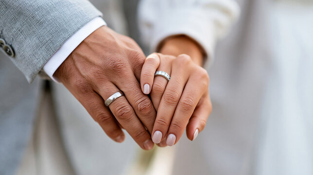 Close-up of anonymous hands of two just married people wearing wedding rings, newlywed love and commitment concept, faceless, defocused, with copy space