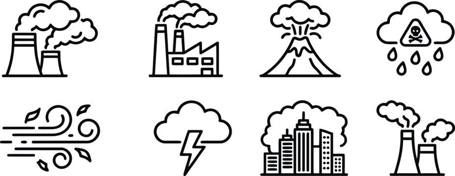 Black line icons of pollution and weather