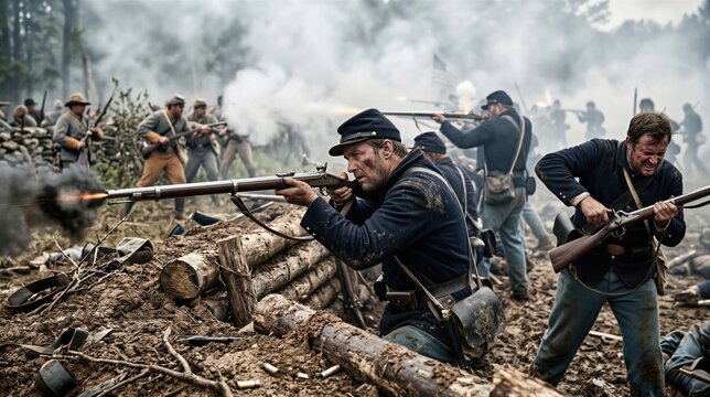 Soldiers fighting in American Civil War battle. Infantry man firing musket from trench during intense combat. Historical reenactment of conflict with smoke and weapon. Army defense.