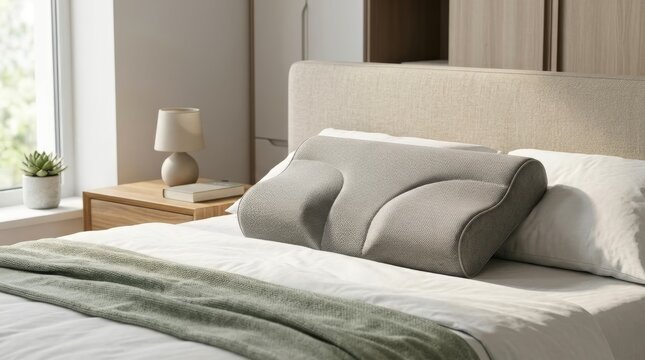 Gray molded contour support pillow on a bed. Ergonomic orthopedic memory foam cushion for neck and spine alignment